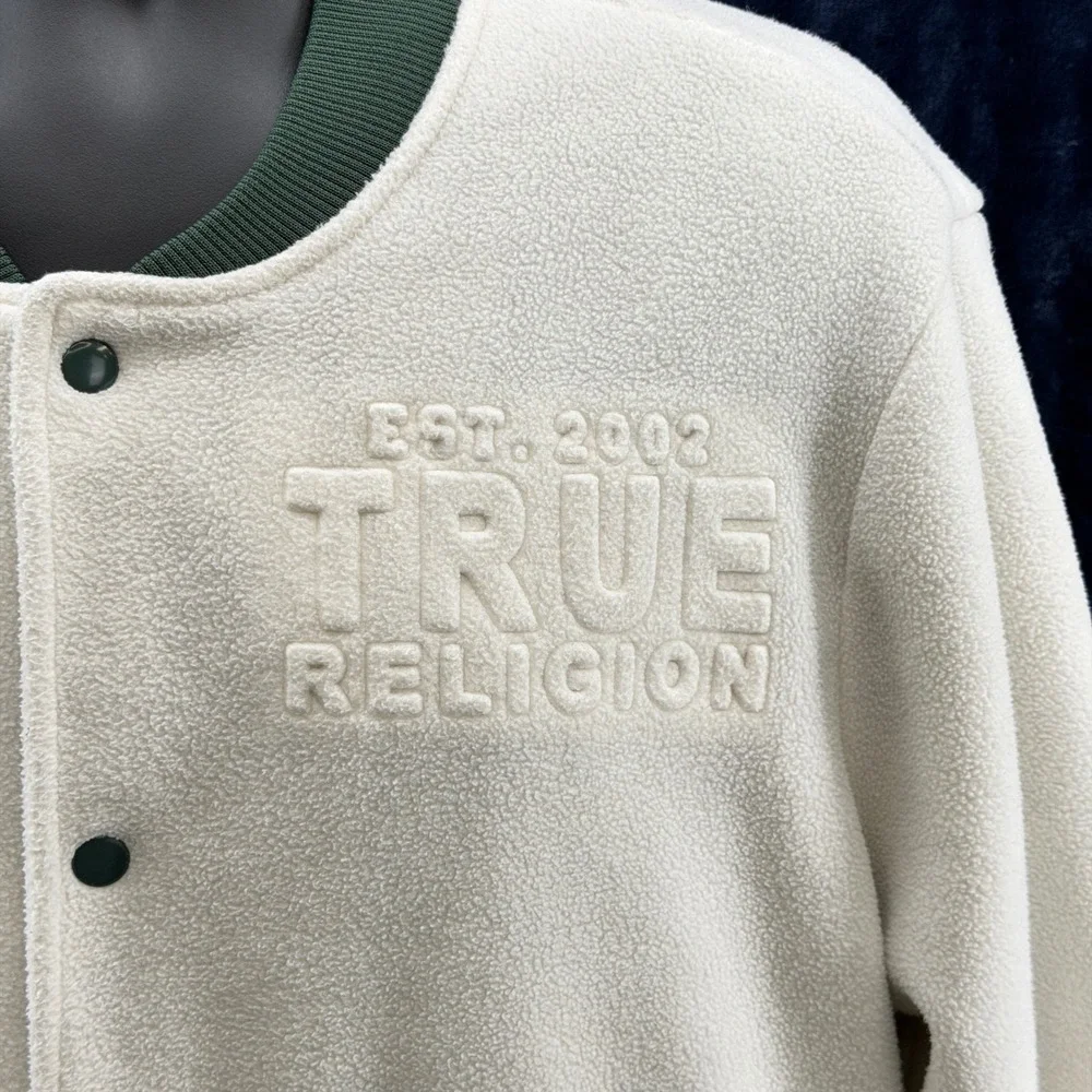 True Religion size M Medium Fleece Utility Bomber Jacket Winter White/Green.